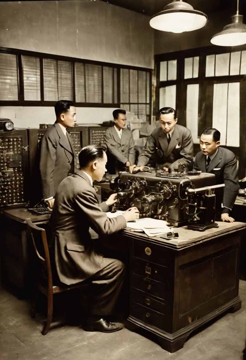 In 1949，China，Shanghai，Radio Station Office，Dim light，（The desk is filled with telegraph machines）。Several employees are working hard，One of the middle-aged men，30 years old，Wearing an old-style Zhongshan suit，The expression is firm，We are discussing with employees how to respond to the government&#39;s orders，（（They were surrounded by radio equipment.）），In the background you can see some circuit diagrams on the wall。high detail, cinematic lighting, film grain, god rays, anatomically correct, high quality