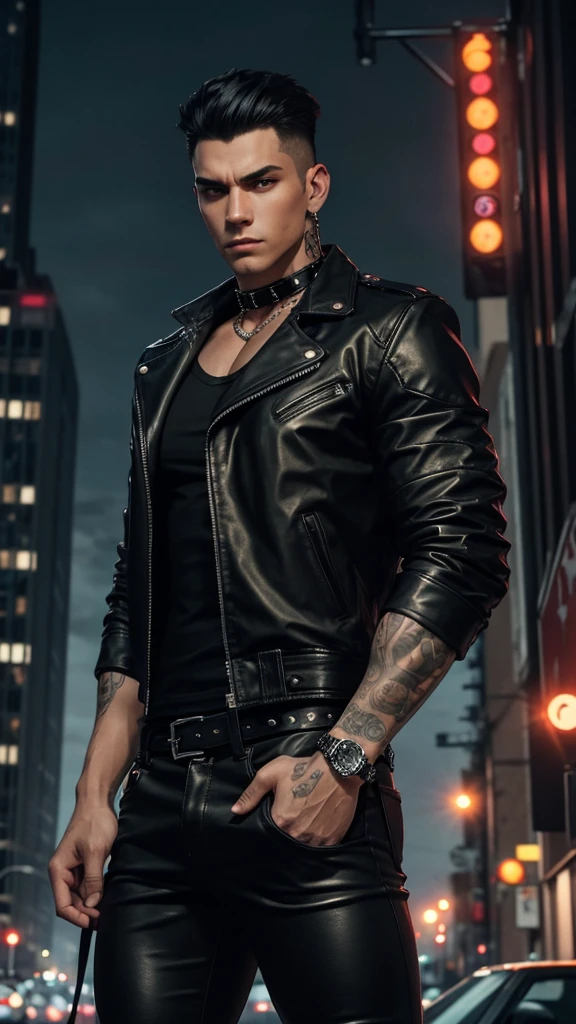 "Generate an image of a confident, muscular young man standing in a modern city street at dusk. He has short, tousled black hair with a slight undercut and piercing red eyes. He is wearing a form-fitting black t-shirt, spike punk collar, a black leather biker jacket, and tight black leather pants. The city backdrop includes tall buildings, streetlights, and traffic, with a moody, urban atmosphere. The man exudes a cool, edgy vibe."