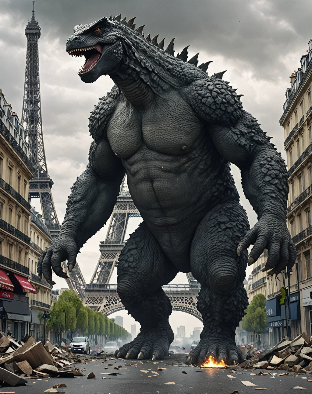 A cinematic 3D render of Jordan Bardella the french manager of Rassemblement National political party, dressed like Godzilla-like creature, towering over Paris during the Olympic Games. The colossal monster stomps through the city, leaving a trail of destruction in its wake. The Eiffel Tower is visible in the background, partially damaged by the creature. The Olympic rings are seen in the foreground, crushed under Bardella's massive feet. The atmosphere is a mix of awe, fear, and excitement as the city comes to terms with the chaos caused by this massive beast., cinematic, 3d render