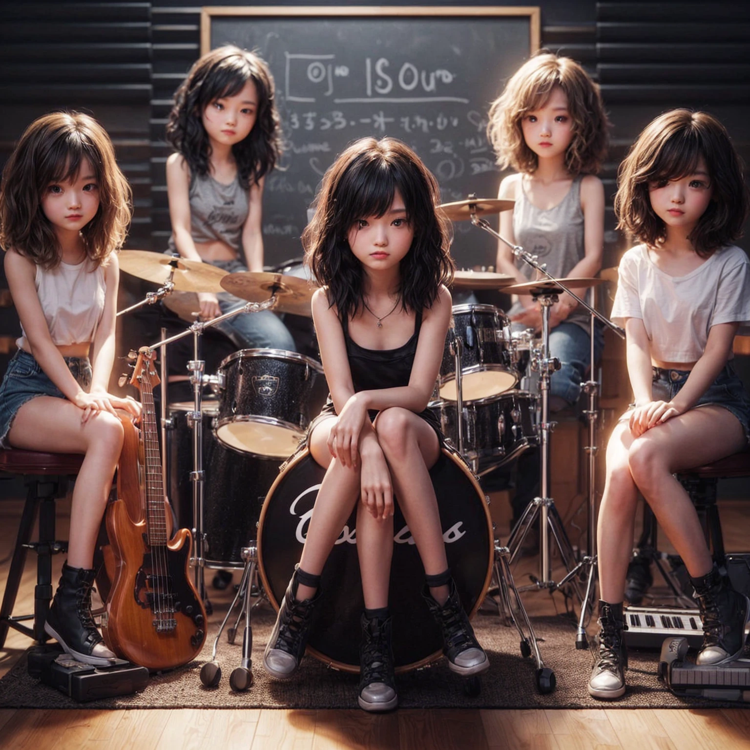 **Photo of 5 beautiful girls sitting in chairs lined up from right to left:**

- **3 girls with messy hair style**
- **2 girls with wavy bob hair style**

One girl is playing the drums, one girl is playing the piano, one girl is playing the bass guitar, one girl is playing the guitar, and one girl is singing. They are sitting behind a board with the word "ECHO" written on it. The background is a music studio, complete with drums, guitars, bass guitar, and piano. The image is ultra HD, 4k, and realistic.