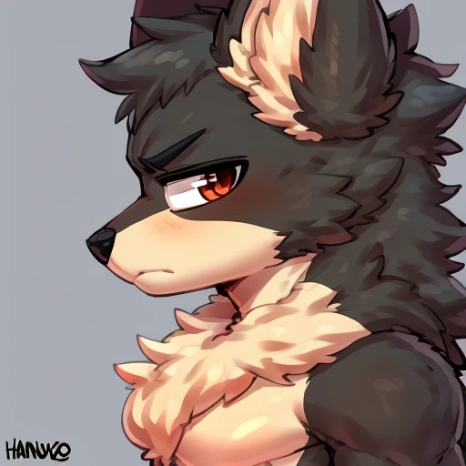 black Wolf, masculine, sfw, made by hanuvo, profile image, serious, see below viewer, heroic pose,