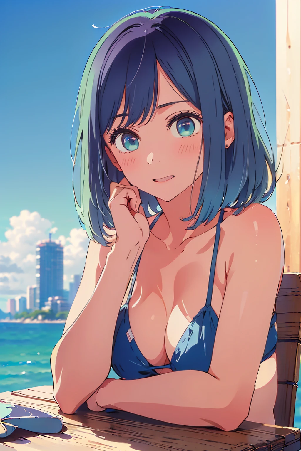 (Highest quality:1.4、masterpiece:1.4、Super detailed:1.4、8K:1.4)、F cup bust、Big Breasts、Slim body、((((1 person、Surprised expression、sit、Chair、In the background are the urban buildings of Tokyo、looking at the camera、Outdoor café terrace、coastal、Navy hair color、juice、table、Shooting up close、Very cute face))))、(Pose of putting hair behind ears with hands:1.4、Cheek resting on hand:1.4)、((nude、Areola、bikini))、Very blue sky、A completely cloudless sky、Big eyes、((((Shallow depth of field))))、Pink Lips、sunny place