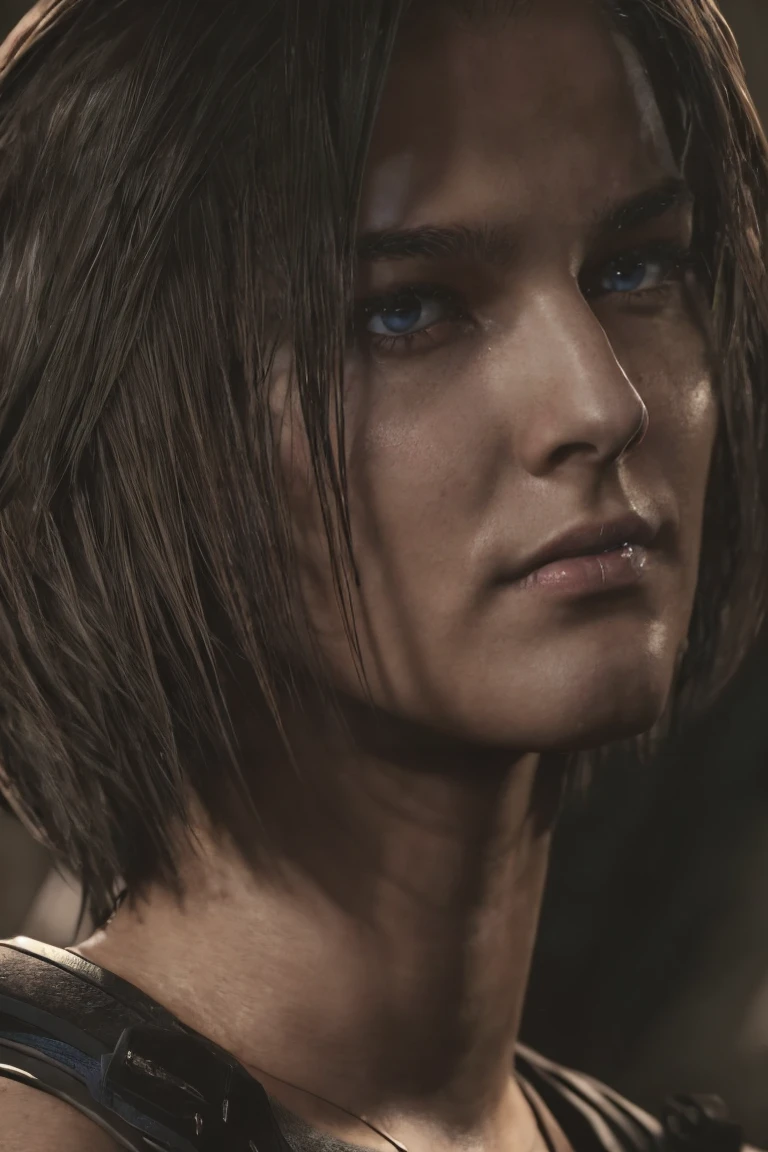 masterpiece, jill valentine, RE3 Remake, blue eyes, brown hair, oval face, long bob hair, dirt stains, portrait, woman sitting in the street