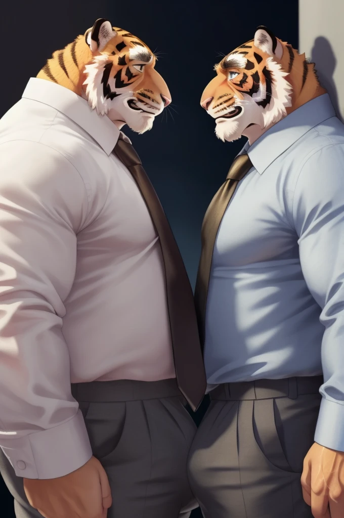 Author: bontiage, (2 boy), tiger, big bulge crotch, boner, pants, (sweat:1.6), long sleeve plain shirt, necktie, Men's Second, kemono, hot body, muscle, Beautiful, sexual, Attractive guy, (Detailed black eyes), brows, (masterpiece, A high resolution, Best quality), 4K, a male, Beautiful shadow, (red cheek:1.5), (Twins facing each other:1.5),front side