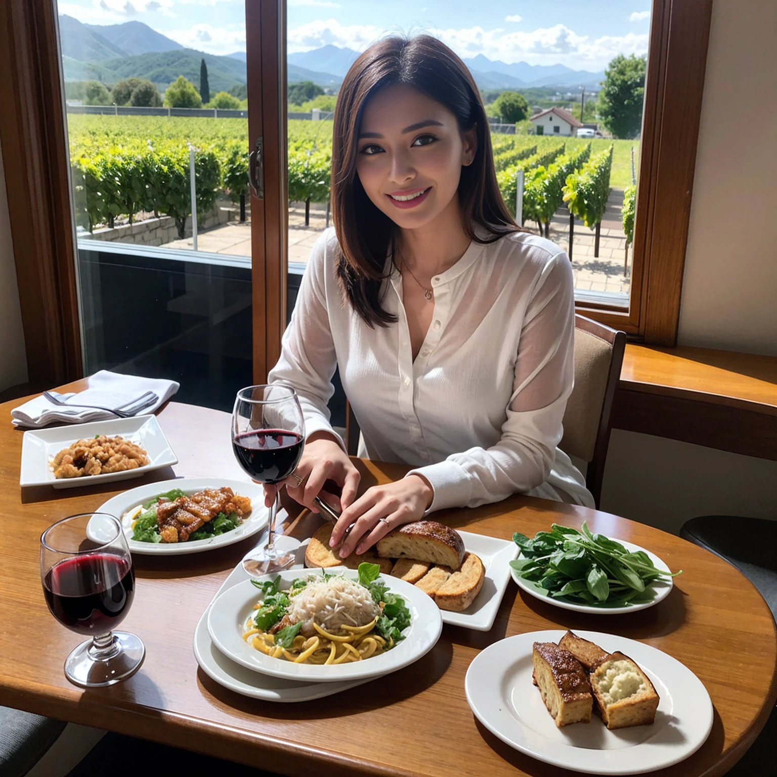 ((Highest quality、8K、masterpiece:1.3))、1 male、1 female、spouse、Beautiful couple、Japanese couple、smile、 (Slim face), (the body is スリム), (Brown Hair), (Shortcuts), ((Bob Hale、Straight hair:1.2)), テーブルの上のwine glass、Please shine a light on my face、 Amazing view of the sunset sky and clouds、Amazing mountain views、smileの美しさ、Bright image、Blushing, Shortcuts,Bright Face、 years old), 39 years old, red wine 、Appetizers、Italian food、Wine bottle、Champagne、sparkling wine、Long sleeve shirt、dress、Attractive beauty、restaurant, Nova Frog Style, actress, model, Upper Body, White wine, red wine, wine glass, 