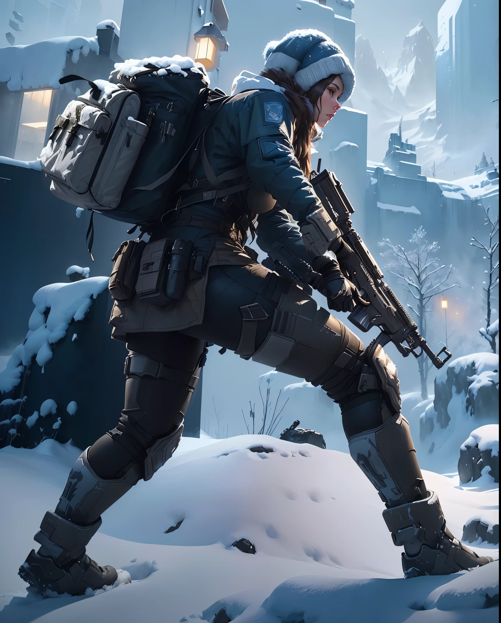 On the snow，A woman with a gun and a backpack, Game Cover, cover Game Art, Winter concept art, Avatar pictures, FPS Game Concept Art, Game Art, Mirror Style\'s edge, The Art of Depicting a Control Freak, Background artwork, Craig Mullins Style, Conceptual art for video games,Lots of details，Correct posture，8K，