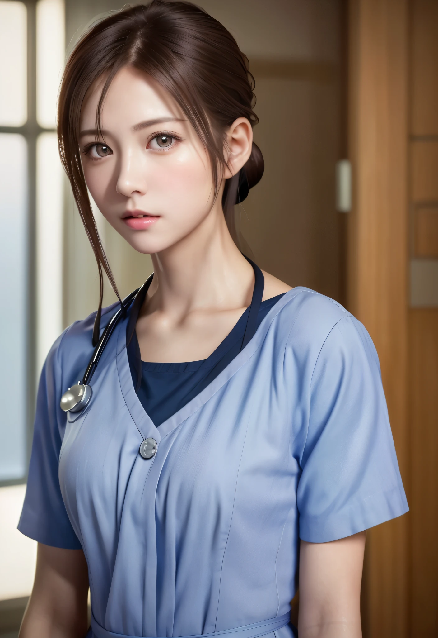 8K, of the highest quality, masutepiece:1.2), (Realistic, Photorealsitic:1.37), of the highest quality, masutepiece, Beautiful young woman, Pensive expression, Thoughtful look, Female doctor, Nurse、Hair tied back, Cinematic background, Light skin tone