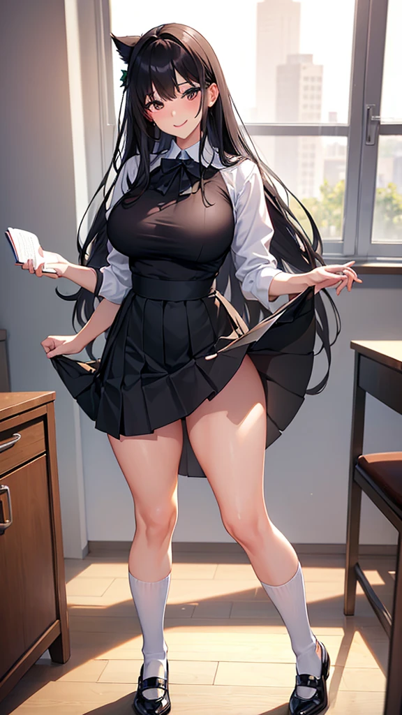 ( Beatiful sexy white socks ) , ( big breasts ) , ( NSFW ) , tall legs , big thighs , smile , ( milf ) , HD , detailed eyes dark long hair , ( High waisted black skirt ), 18-years old , wide angle , classroom , tall body , upskirt , HD quality