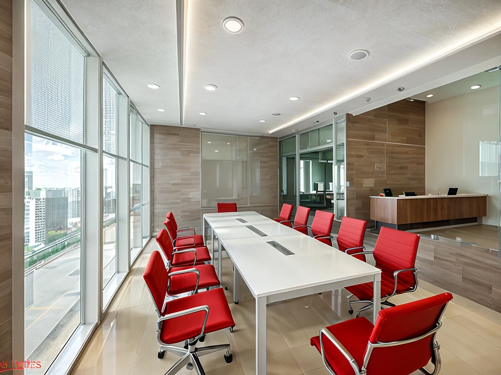 Modern style meeting room design, daylight, ceramic tile floor, WHITE WALLS, 1 glass wall frame 1.8, glass curtain wall 1.2, 1 meeting table with 12 chairs, flat white painted ceiling 1.2, 2 LED rail lights 1.3, 1 corner table, sharp images, realistic lighting, luxurious feel, extremely detailed