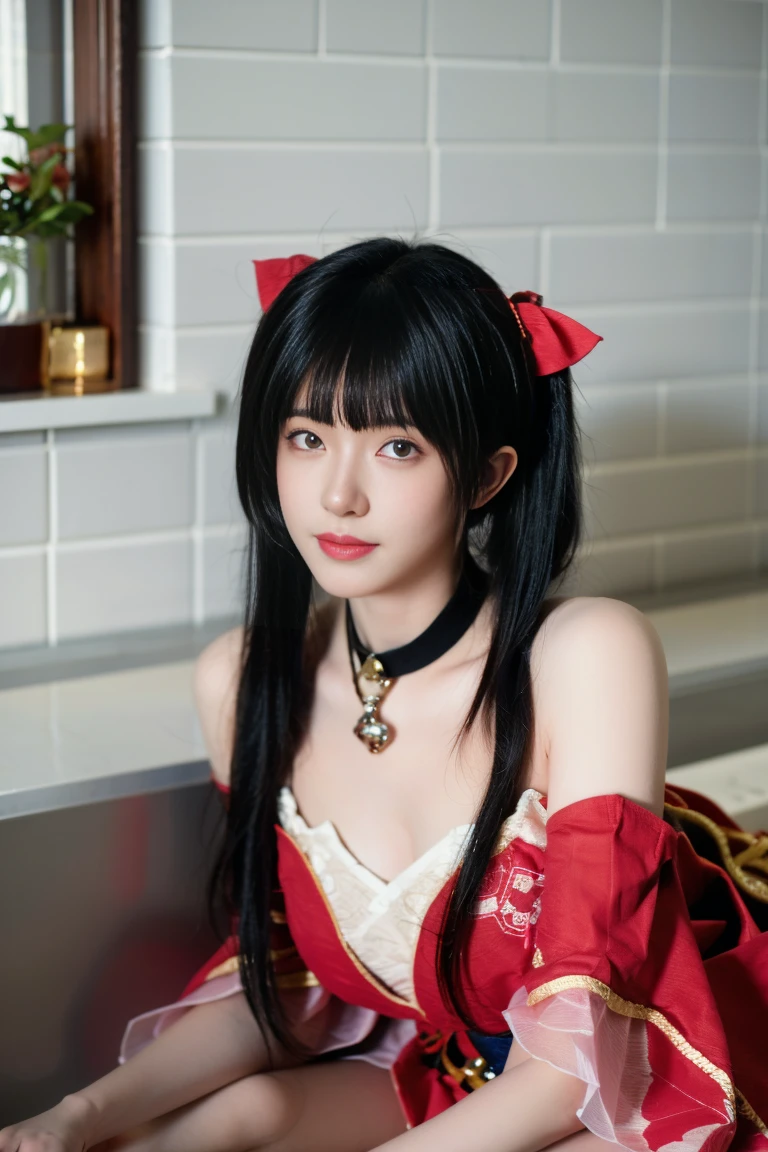 best quality, tmasterpiece,Ultra-high resolution,Clear face,(Reality:1.4),ferpect lighting,(full body photo), (photorealistic:1.50), anime wallpaper, Guviz style artwork, cover-up fantasy up to magic , by Yang J, Guviz, beautiful artwork illustration, beautiful digital artwork, beautiful digital illustration, Li Song, beautiful anime portrait, art style in Beauvot, Perfect water illustration, Very clear water, sparkle_honkai,1girl,((lying in the bath:1.3)), short kimono, bare shoulders, (twintails:1.3), black hair, long hair, hair ornaments, bare feet, indoors, bedroom, potted flowers, windows, curtains, bathroom, Bathtub, Sleep in the bathtub, Sleep on your back facing the sky,