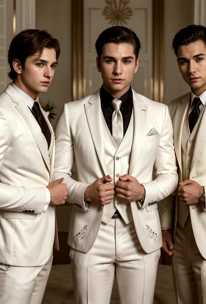Three 30-year-old boys, with a masculine appearance, wearing a Ivory suit. The scene depicts a masterpiece of art, showcasing the boy's professional and wealthy lifestyle. The image is of the best quality, with ultra-detailed features. The color tone is rich and vibrant ,masterpiece, ultra realistic, detailed face, detailed fingers