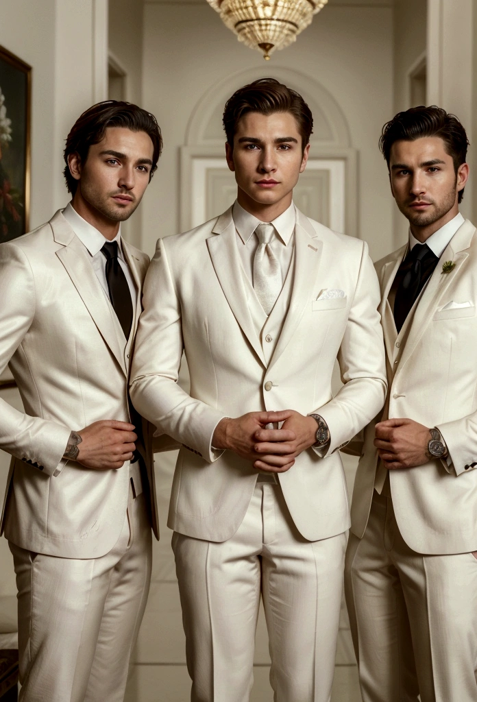 Three 30-year-old boys, with a masculine appearance, wearing a Ivory suit. The scene depicts a masterpiece of art, showcasing the boy's professional and wealthy lifestyle. The image is of the best quality, with ultra-detailed features. The color tone is rich and vibrant ,masterpiece, ultra realistic, detailed face, detailed fingers