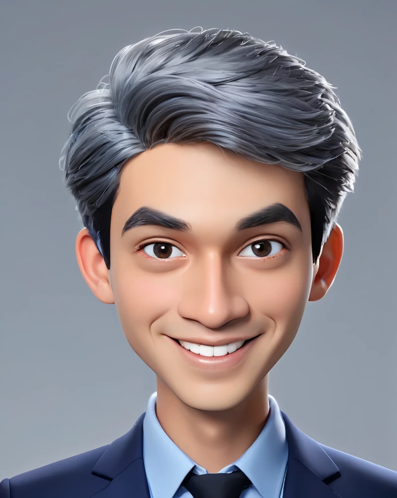 3d cartoon style, 20 years old man, short gray hair, little hair, in a dark blue suit and light blue shirt, no tie, smiling at the camera, foto perfil, commercial shot., face is brightly lit
