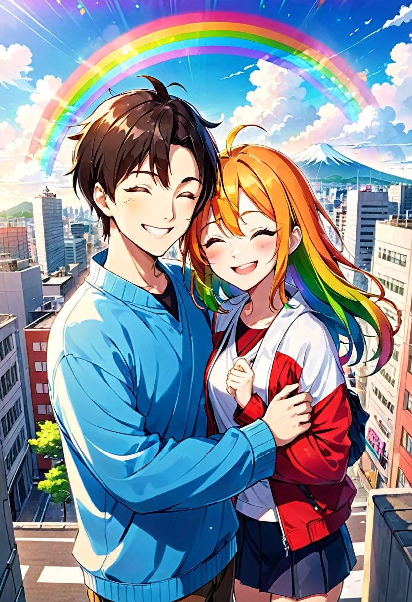 Japanese anime style, smiling, winking, one eye closed, happy, boy and girl, two people, rainbow on city background, looking at you, best smile