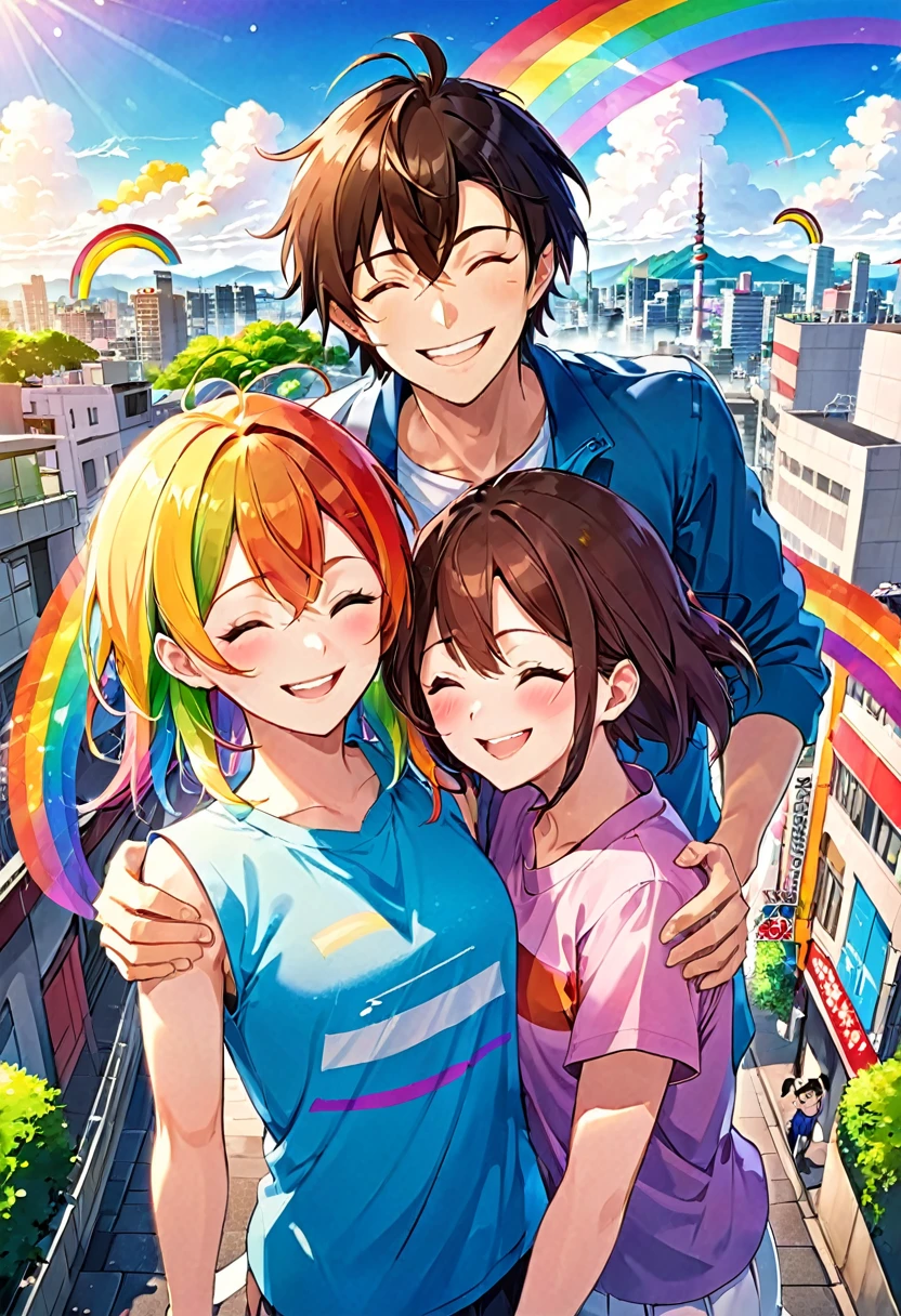 Japanese anime style, smiling, winking, one eye closed, happy, boy and girl, two people, rainbow on city background, looking at you, best smile