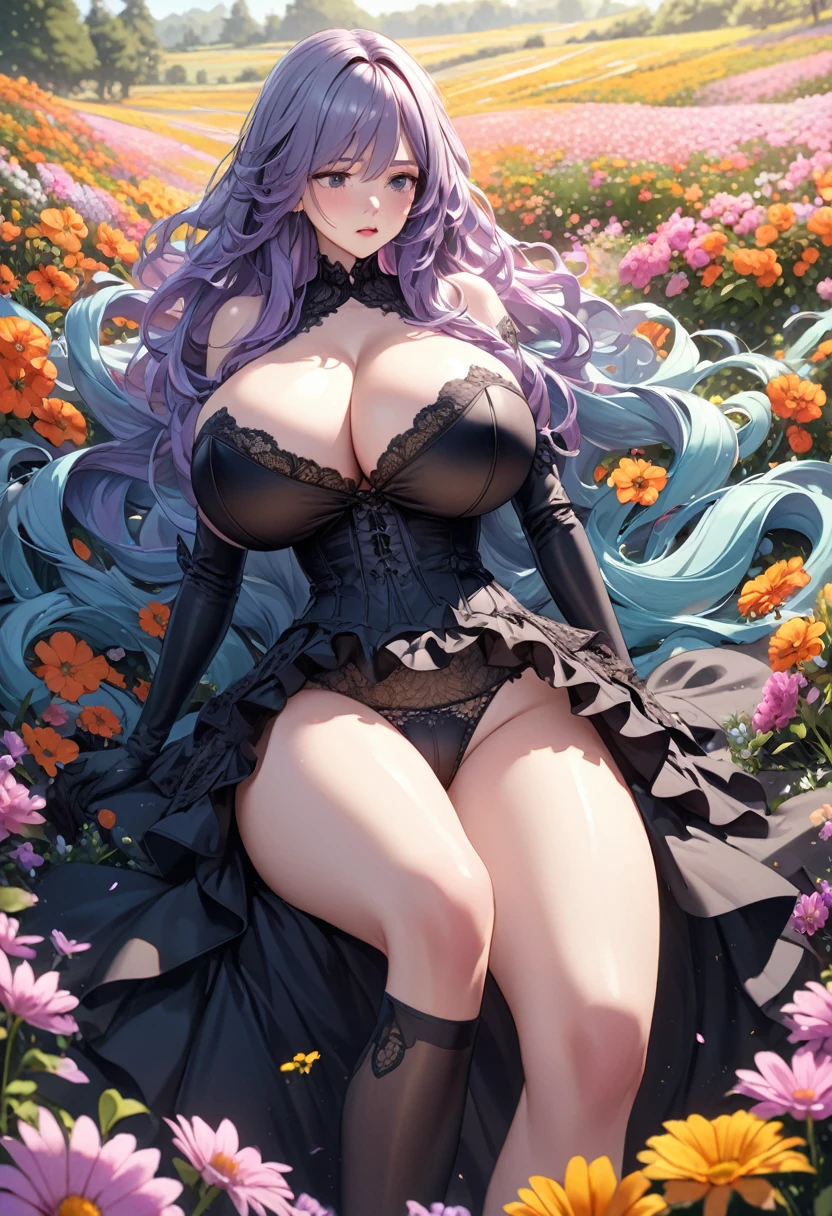 ultra detailed, hyper detailed, best quality, highres, 4K, field of flowers, woman, puzzled, shy, very long hair, wave hair, gradient hair, tall, slender,gigantic breasts, underwear, gothic ta, gloves, dappled sunlight