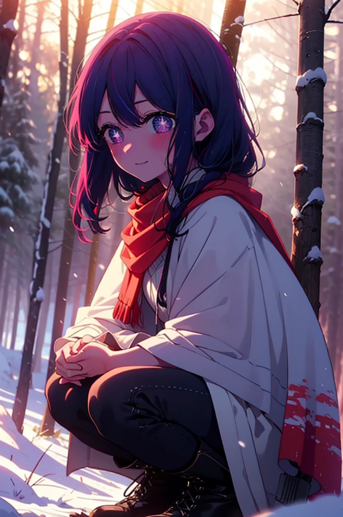 aihoshino, Ai Hoshino, Long Hair, bangs, (Purple eyes:1.1), Purple Hair, (Symbol-shaped pupil:1.5), smile,,smile,blush,White Breath,
Open your mouth,snow,Ground bonfire, Outdoor, boots, snowing, From the side, wood, suitcase, Cape, Blurred, , forest, White handbag, nature, Squat, Mouth closed, Cape, winter, Written boundary depth, Black shoes, red Cape break looking at viewer, Upper Body, whole body, break Outdoor, forest, nature, break (masterpiece:1.2), Highest quality, High resolution, unity 8k wallpaper, (shape:0.8), (Beautiful and beautiful eyes:1.6), Highly detailed face, Perfect lighting, Extremely detailed CG, (Perfect hands, Perfect Anatomy),