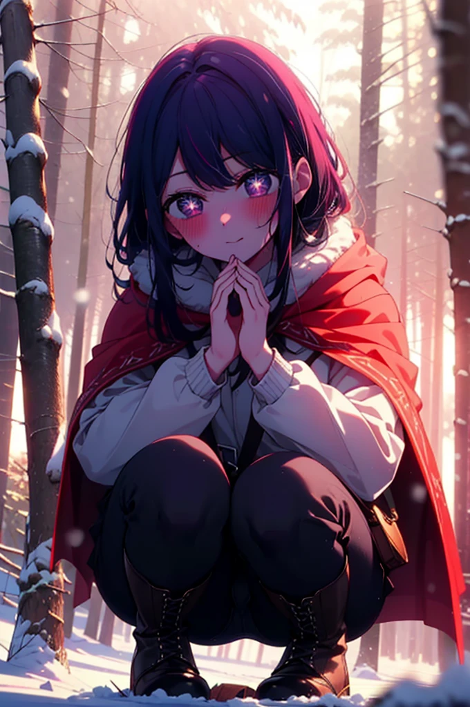 aihoshino, Ai Hoshino, Long Hair, bangs, (Purple eyes:1.1), Purple Hair, (Symbol-shaped pupil:1.5), smile,,smile,blush,White Breath,
Open your mouth,snow,Ground bonfire, Outdoor, boots, snowing, From the side, wood, suitcase, Cape, Blurred, , forest, White handbag, nature, Squat, Mouth closed, Cape, winter, Written boundary depth, Black shoes, red Cape break looking at viewer, Upper Body, whole body, break Outdoor, forest, nature, break (masterpiece:1.2), Highest quality, High resolution, unity 8k wallpaper, (shape:0.8), (Beautiful and beautiful eyes:1.6), Highly detailed face, Perfect lighting, Extremely detailed CG, (Perfect hands, Perfect Anatomy),
