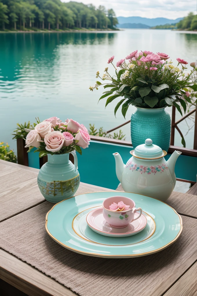 Stunning photography of Outside beside a lake cryestal clear blue water a beautiful table .ceramic teapot cup plate ,cookies and a beautiful vase with beautiful flowers .a pink cherry branch full with flower beside the table full size