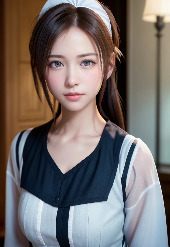 8K, of the highest quality, masutepiece:1.2), (Realistic, Photorealsitic:1.37), of the highest quality, masutepiece, Beautiful young woman, Pensive expression,、A charming、and an inviting look, Cute Maid Clothes, Hair tied back, Cinematic background, Light skin tone