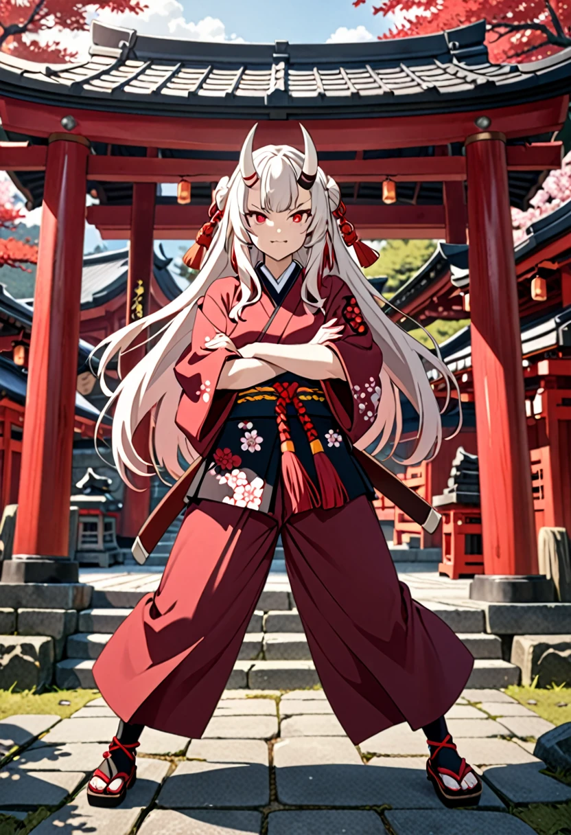 8K Ultra High-Quality, ultra-detailed, High quality, Nakiri Ayame, white oni horn, full body, samurai pose, shrine background