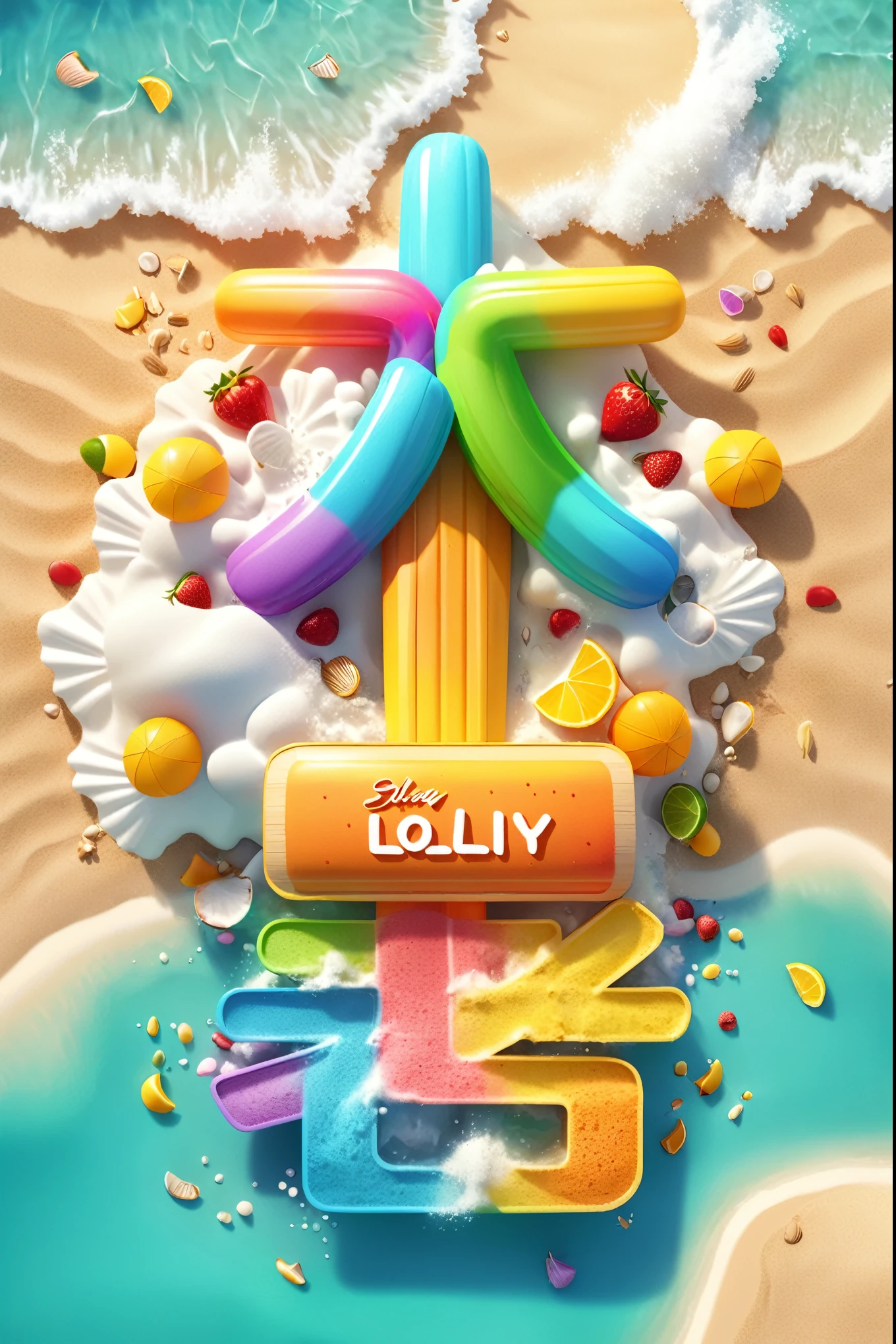 ice lolly text design, cartoony, summer beach background, Special features, Octane rendering and blender, hyper quality, clear features, Ultra HD and 8K resolution,Fresh hand drawn illustration