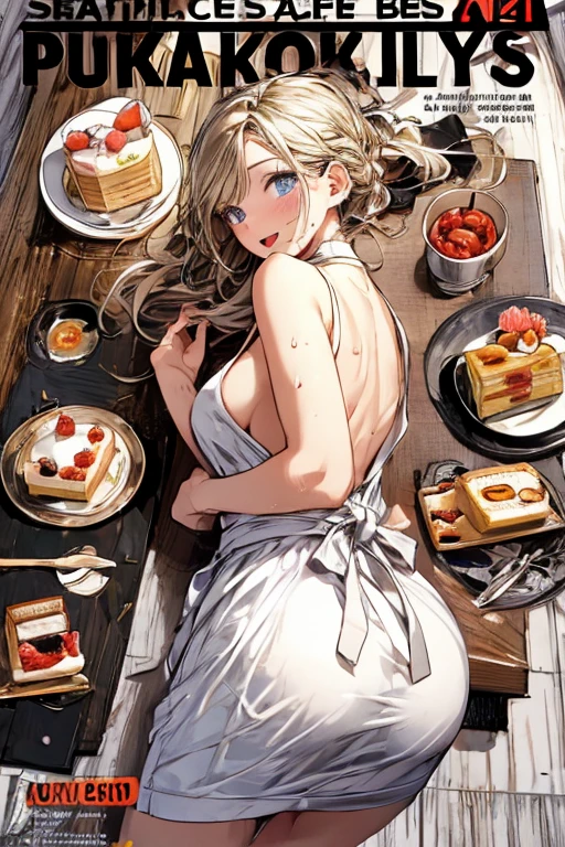(from above:1.2),18 year old beautiful girl,Purplish blue eyes that dreamers desire,(Blonde hair) , small stature, (masutepiece:1.2, Best Quality),(finely detailed beautiful eye: 1.2),(beautifull detailed face),(perky chest:1.1),(pointed chest:1.2),(cakes magazine cover:1.5),(Best Illumination, extremely delicate and beautiful),sexy pose,make a cocktail , in a bar counter,Ultra Contrast,Braid a little around the ears, White long dress, (very detailed),(Raw photo, highest quality),(realistic, Photoreal:1.3), high detail, very detailed complex 3D rendering of face, (very detailed skin:1.2), dynamic angle, fire glow effect, professional lighting, side light, cinematic light, a super high resolution, 8K , best shadow, particles of light, Fine skin texture, detailed face, intricate details, Super detailed, shine, Please reconsider, full body,, beautiful face, shiny skin, thin, nice companion, delicate body, thin legs, naked apron, ((crawl on all fours:0.4)), beautiful back, butt,little turn around, A picture from a little behind, bend the body, the skirt is floating in the wind, Dark purple panties, thin Pubic hair ,(with sparkling eyes and a contagious smile), open mouth, highest quality, high resolution, Real World, Natural light, perfect Natural Light, ((the tip is protruding, areolas protruding,The shape of the pubic area is clearly visible:1.2)),Sweating,Wet,Wet crotch,Wet thighs,Realistic, (cute, perfect clothes, skimpy clothes, cute: 1.3) ,narrow waist,looking at viewer,