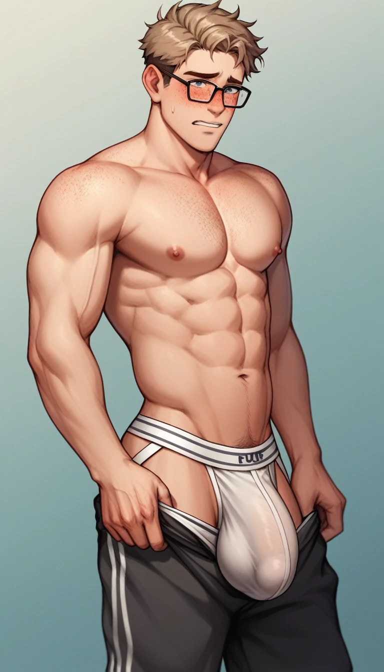 best quality, masterpiece, scrawny and tall 18 year old boy, freckles, messy light brown hair, big glasses, embarrassed, pulls down and steps out of baggy loose grey sweatpants, exposes white string jockstrap, topless, in simple bedroom, big bulge, sexy, gay, homoerotic, perfection, no watermark, no logo, no signature