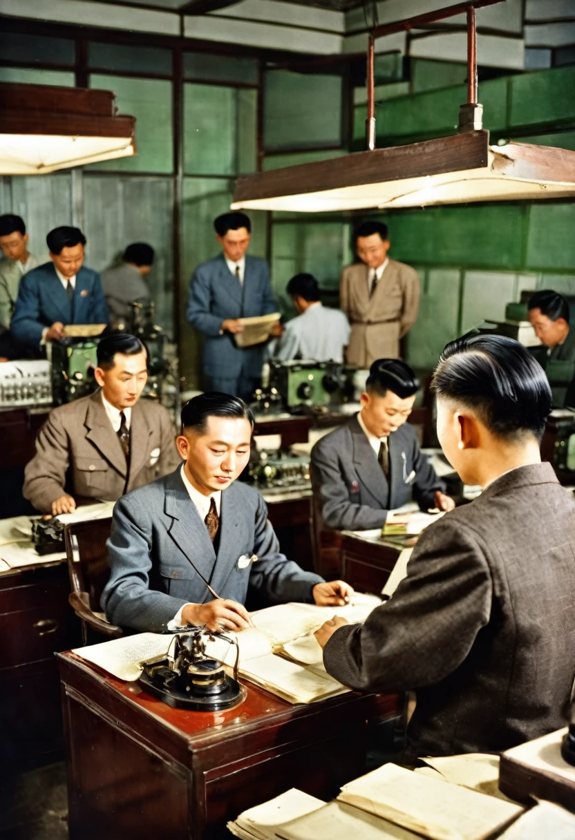 In 1949,China,Shanghai,Radio Station Office,Dim light,(The desk is filled with telegraph machines)。Several employees are working hard,One of the middle-aged men,30 years old,Wearing an old-style Zhongshan suit,The expression is firm,We are discussing with employees how to respond to the government's orders,((They were surrounded by radio equipment.)),In the background you can see some circuit diagrams on the wall。high detail, cinematic lighting, film grain, god rays, anatomically correct, high quality