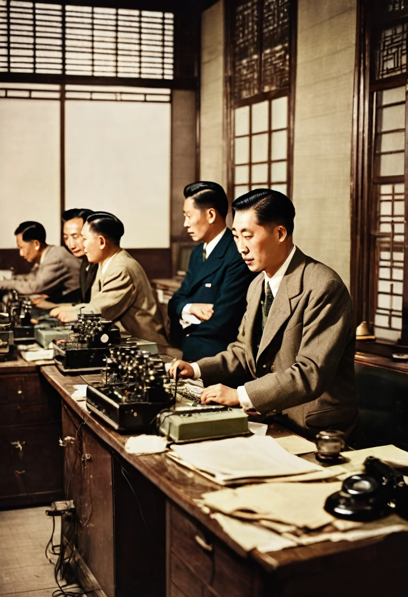 In 1949，China，Shanghai，Radio Station Office，Dim light，（The desk is filled with telegraph machines）。Several employees are working hard，One of the middle-aged men，30 years old，Wearing an old-style Zhongshan suit，The expression is firm，We are discussing with employees how to respond to the government&#39;s orders，（（They were surrounded by radio equipment.）），In the background you can see some circuit diagrams on the wall。high detail, cinematic lighting, film grain, god rays, anatomically correct, high quality