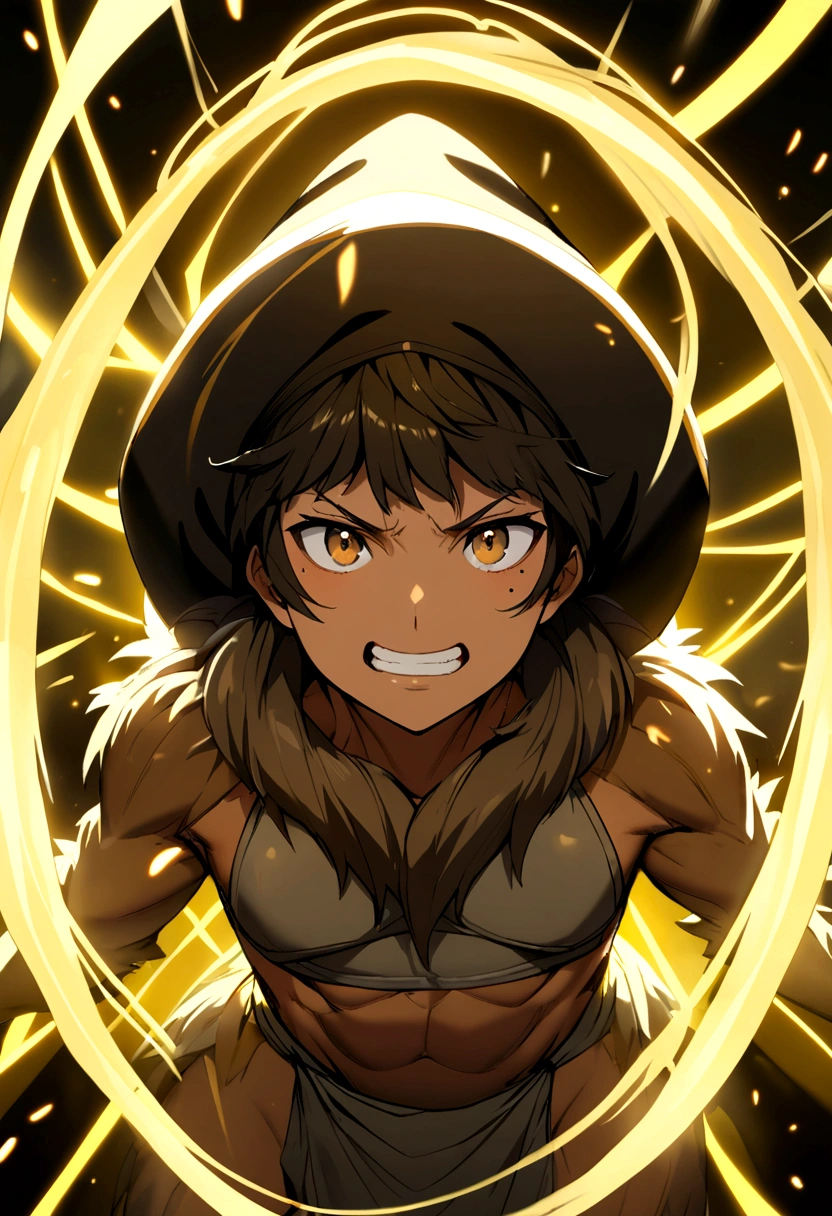 brown mole, brown eyes, 2 mole teeth, black hat with yellow lights, brown fur with yellow center, gray loincloth