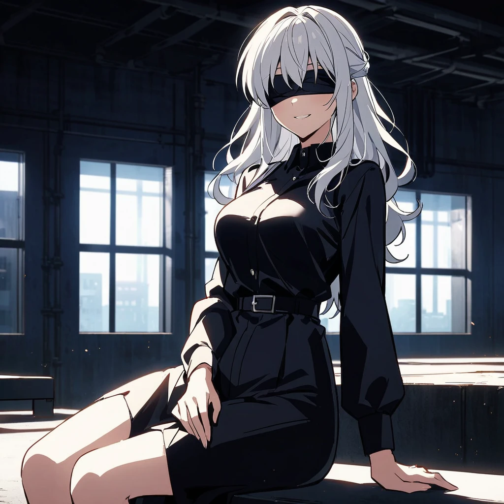 Anime character with long white hair and a blindfold, wearing a black high-collared outfit. The character is positioned in a dimly lit industrial setting with large windows in the background. The character is smiling slightly and appears to exude confidence and mystery. sitting, she is beautiful anime girl, lomg hair, breast,