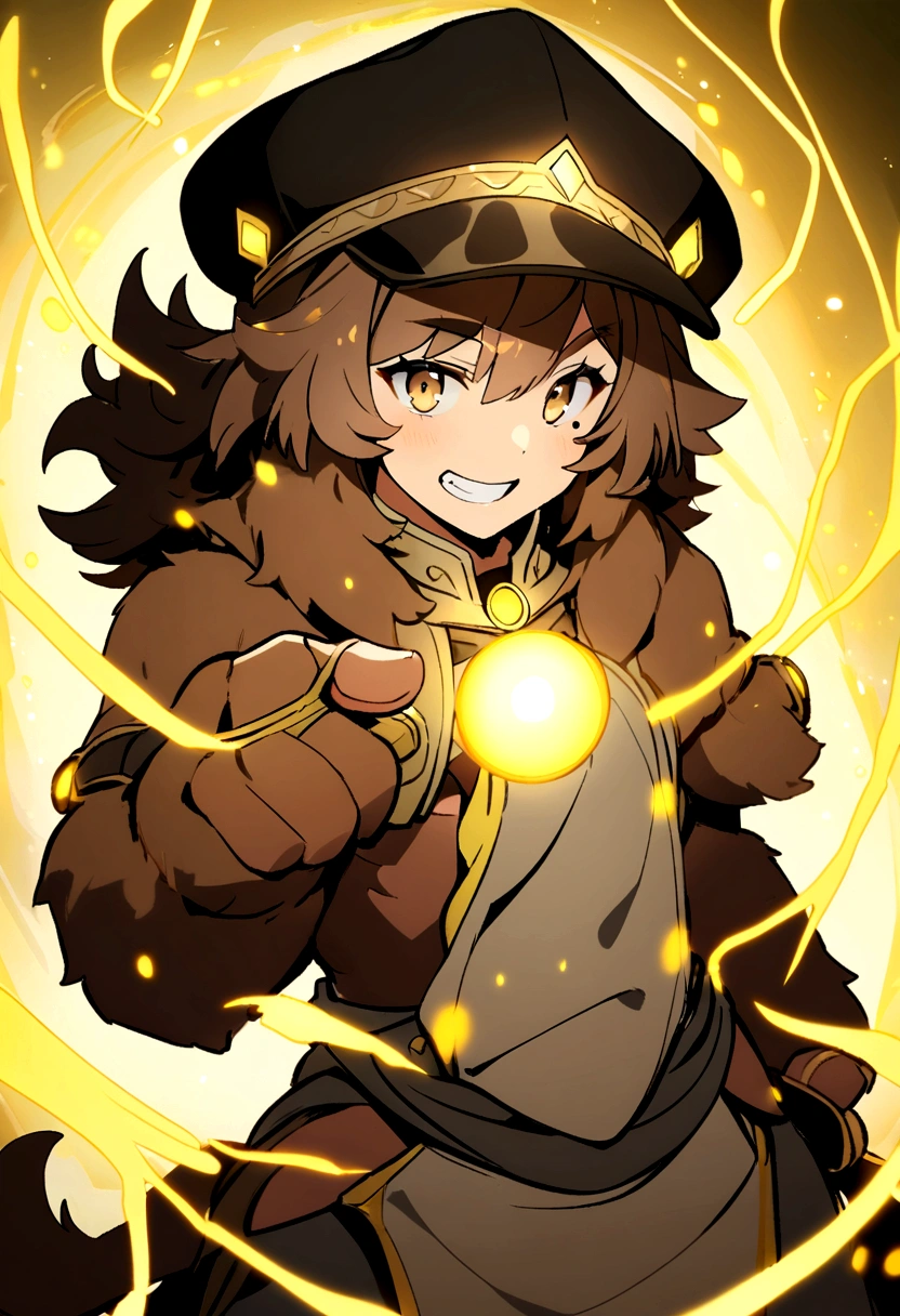 brown mole, brown eyes, 2 mole teeth, black hat with yellow lights, brown fur with yellow center, gray loincloth