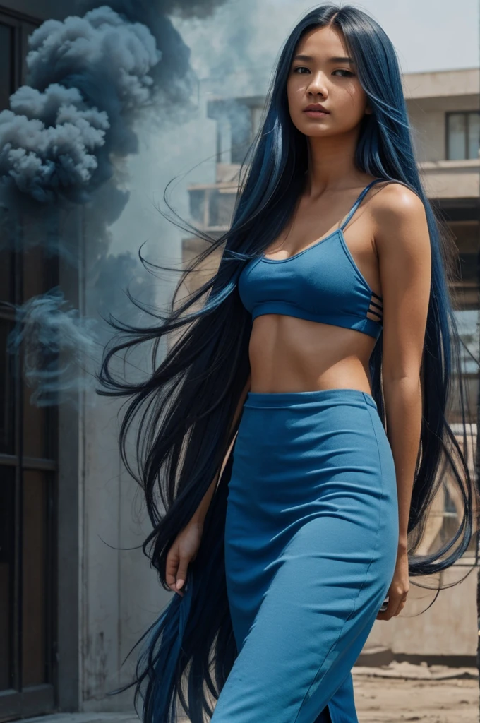 Girl long hair blue agent smoke