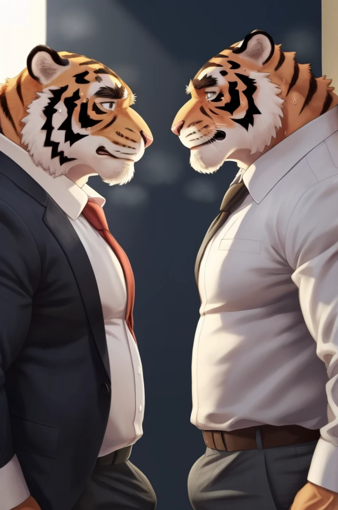Author: bontiage, (2 boy), tiger, big bulge crotch, boner, Black pants, (sweat:1.6), long sleeve plain White shirt, Blue necktie, Men's Second, kemono, hot body, muscle, Beautiful, sexual, Attractive guy, (Detailed black eyes), brows, (masterpiece, A high resolution, Best quality), 4K, a male, Beautiful shadow, (red cheek:1.5), (Twins facing each other:1.5),front side, They both look exactly the same