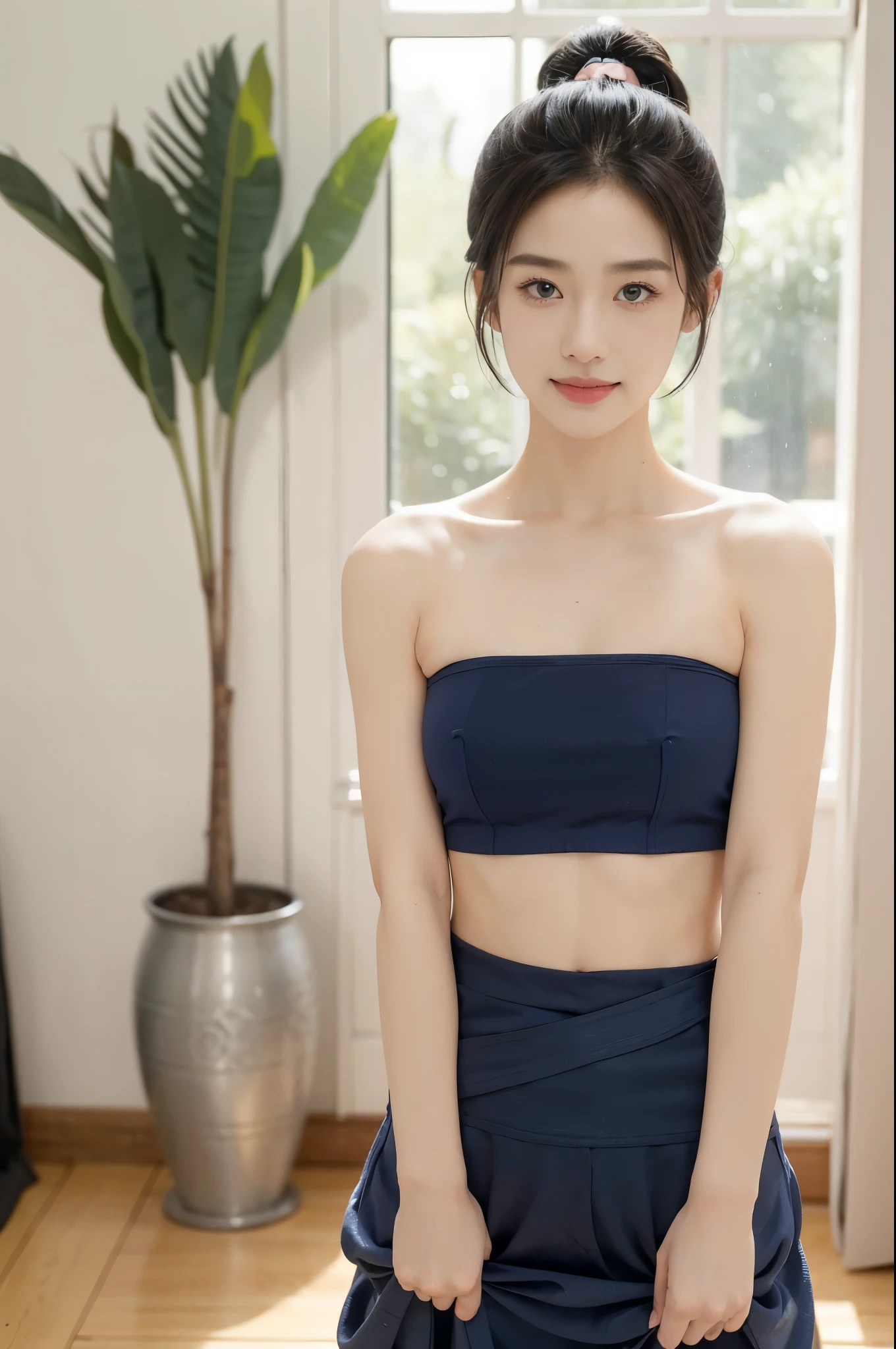 (((best quality))),(((ultra detailed))),(((masterpiece))),illustration,1girl,solo,tonogui,short ponytail,slim,thin,small breasts,flat chest,strapless white tank top,navel,maxi navy-blue kendo hakama,standing in kendo gym,arms behind back,focused and determined expression,ready for challenge,slender and elegant face,confident and resilient,fair skin,blush,neat teeth,bright smile,clean and tidy uniform,wooden gym floor,wall,pine scent,standard grip,ready to slice through obstacles,strong belief,determination,spirit of resilience,admiring,from front,upper body,
