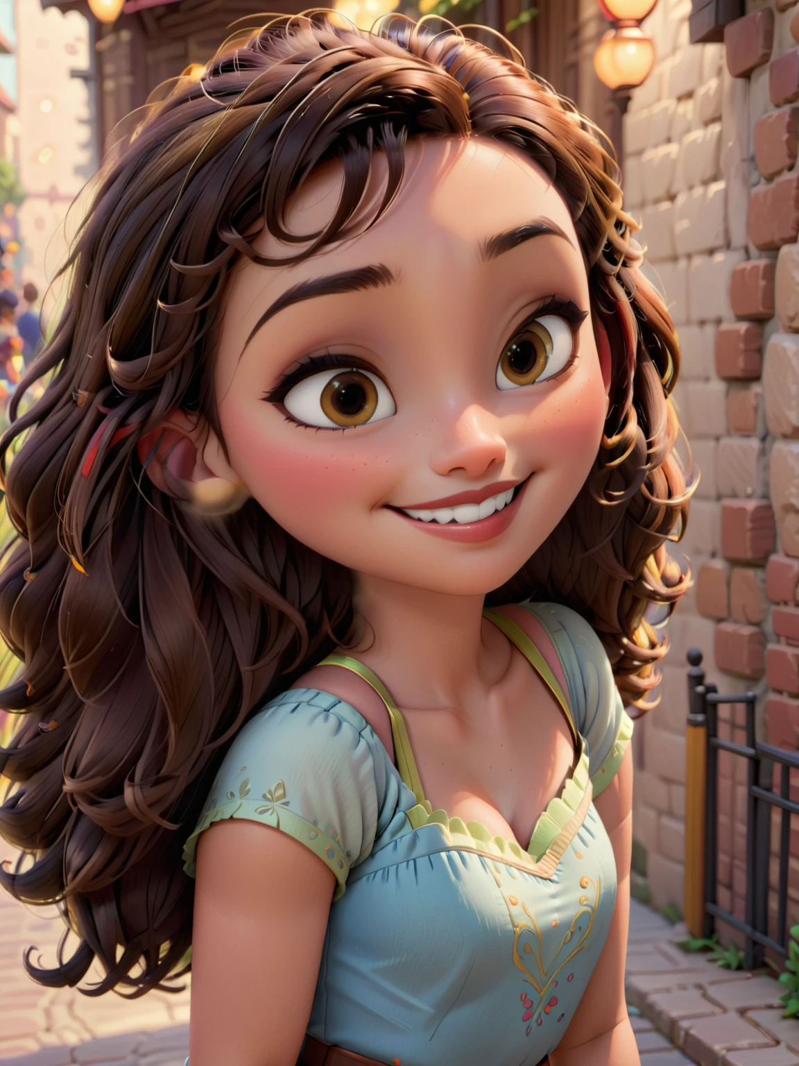 A woman in the style of disney pixar with warm, olive light brown skin. She has a wide round square jawline, a flat round chin, large round dark brown eyes, high sharp cheekbones, a large soft wide nose, large round lips, a rectangular face shape/ gamine face type. She is facing the camera and smiling. She has hickory brown curly hair braided.