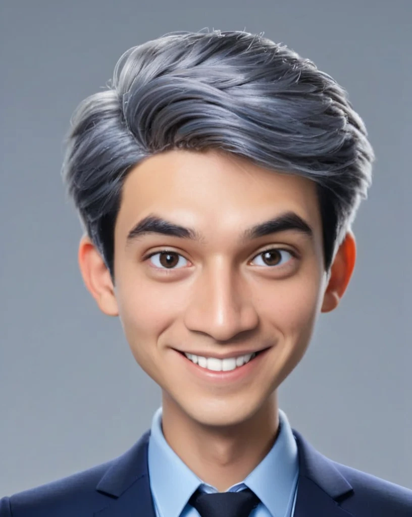 3d cartoon style, 20 years old man, short gray hair, little hair, in a dark blue suit and light blue shirt, no tie, smiling at the camera, foto perfil, commercial shot., face is brightly lit