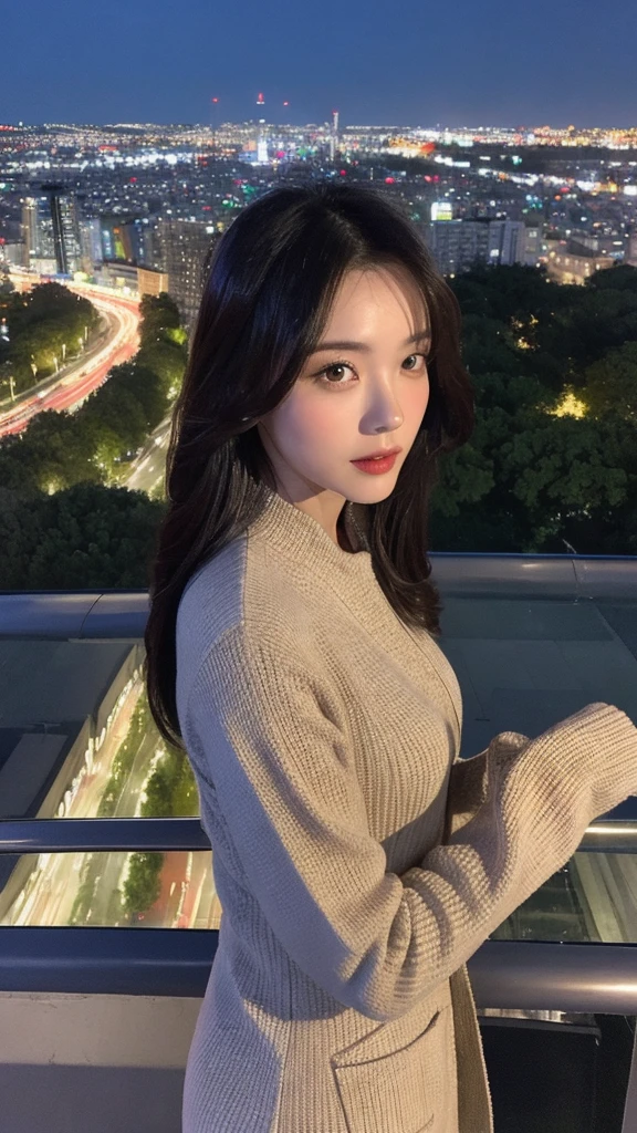 （lifelike， high resolution：1.3）， close up，Chinese woman overlooking the city from the top of a modern skyscraper，Wearing simple yet stylish professional attire，Tailored fit，Full body shot，Wide city view，Bright city night lights，In the distance are brightly lit buildings，Show the style and elegance of modern working women，High-quality urban landscape portrait photography，The composition is magnificent，Proper use of light，Won the double award for architectural photography and portrait photography，Adopt professional night scene shooting technology，Create stunning visual effects，Background blur processing，Make characters stand out more，The city night scene is both prosperous and quiet，Create a strong contrast。