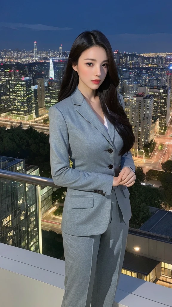 (lifelike, high resolution:1.3), close up,Chinese woman overlooking the city from the top of a modern skyscraper,Wearing simple yet stylish professional attire,Tailored fit,Full body shot,Wide city view,Bright city night lights,In the distance are brightly lit buildings,Show the style and elegance of modern working women,High-quality urban landscape portrait photography,The composition is magnificent,Proper use of light,Won the double award for architectural photography and portrait photography,Adopt professional night scene shooting technology,Create stunning visual effects,Background blur processing,Make characters stand out more,The city night scene is both prosperous and quiet,Create a strong contrast。