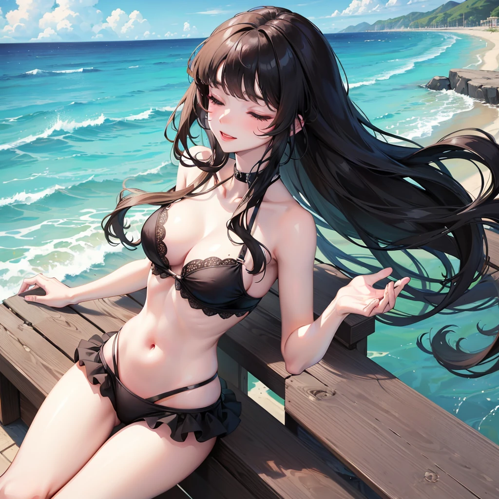 (standing enjoy style) (in a sexy black Bustier Swimwear), (dynamic pose) (15 yo, solo:2 blunt bangs:1.2, black hair long hair lovely girl, sexy closed eyes, love smile, cute pink lip), break, in the beautiful Sandy Beach, background beautiful ocean), BREAK, perfect anatomy, masterpiece, best quality, 16k, beautiful detailed grow, daydreaming expression.