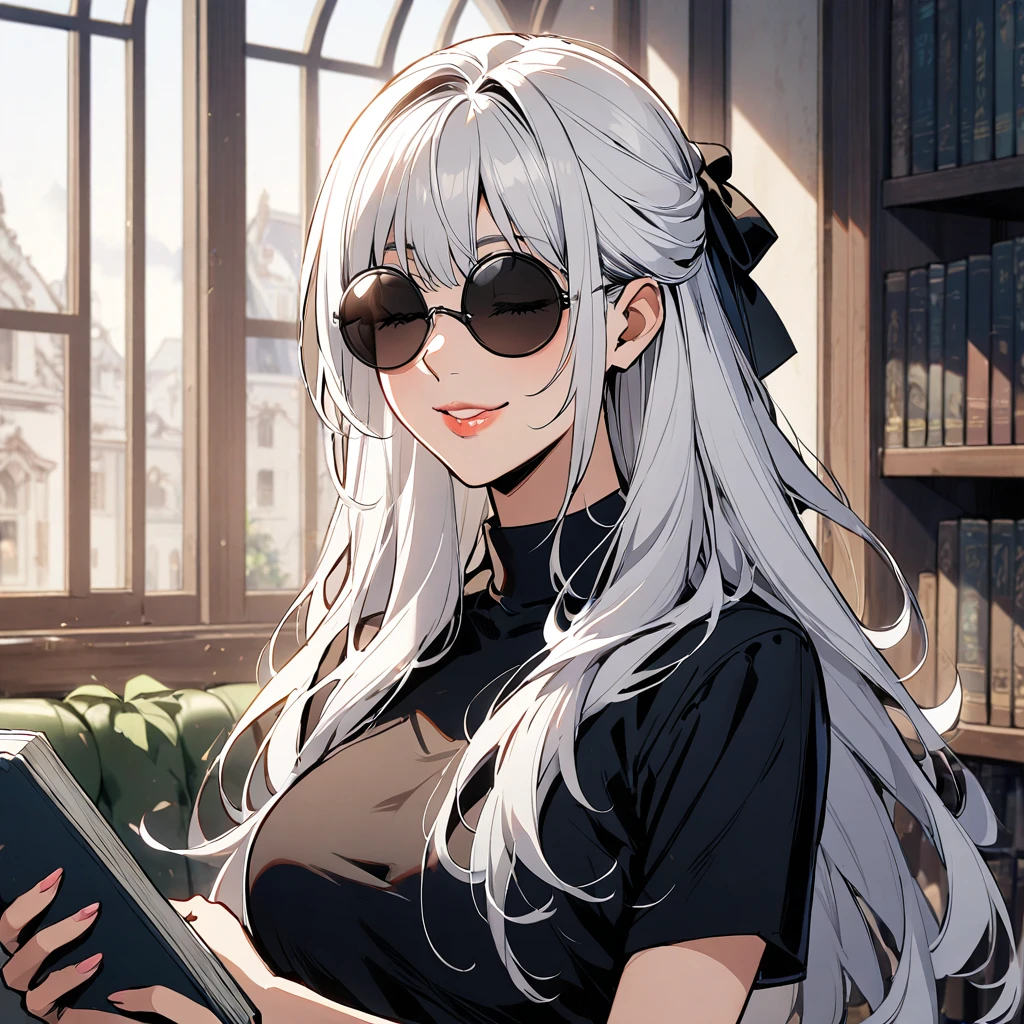 1girl, solo, long_hair, blindfold, white_hair, window, breasts, upper_body, smile, indoors, book, bangs, covered_eyes, lips, wearing round sunglasses