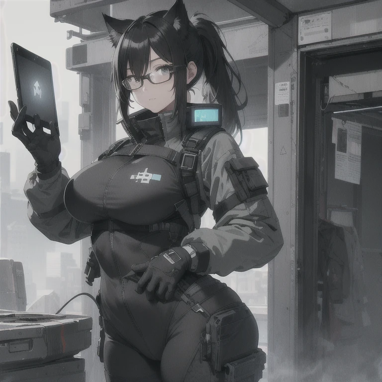 Absurd resolution, high resolution, (masterpiece: 1.4), hyper-detail, full body shot, solo, 1 kemono feline cat woman, no skin other than neck and head shown, black hair, glasses, messy ponytail, cute face, detailed soft grey eyes, huge massive hyper super swollen breasts that cover her whole torso and are bigger than her head while being so big they reach her belly button, extremely large bust, wide full hips, narrower torso and shoulders, smaller torso, full thicc big soft thighs, big rounded full soft butt, ruggedized utility styled outfit, full body outfit coverage with no skin showing or revealed, weather-proof durable clothing material, nylon clothing material, monochrome black and grey fullbody covering protective padding pilot rugged utility suit with white chest, practical/functional clothing, custom made clothing to fit and support large breasts, scifi padded rugged high collar techwear jacket, white and black triangular decals and techwear iconography on apparel and clothing, techwear gloves, arm mounted strapped display scifi tablet/communication device/computer, rugged tablet display mounted on MOLLE strap on top of her bust, ruggedized computer tablet mounted above her breasts, screen display mounted on top of her chest, ruggedized tech, ruggedized tech aesthetic, fitted utility pants, utility chaps, near future scifi, cyberpunk aesthetic, anime aesthetic