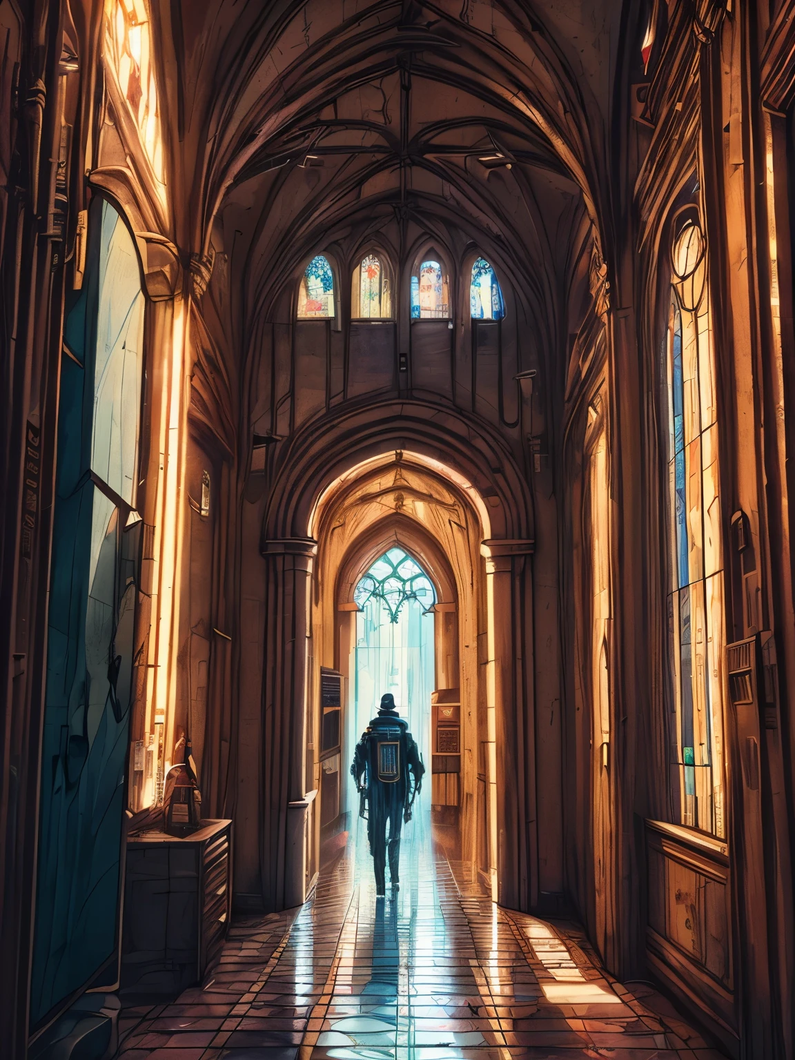 A hallway decorated with paintings of men and women , null, no human, scenery, architecture, Pillar, photograph, Stained glass, church, arch , building, city, ((no_human, scenery , Beep, Cyberpunk Style, Cyberpunk art, Retro-future , occult , It&#39;s hard to understand )), ((Depiction of depth from bottom to back.)). That Mahal Style