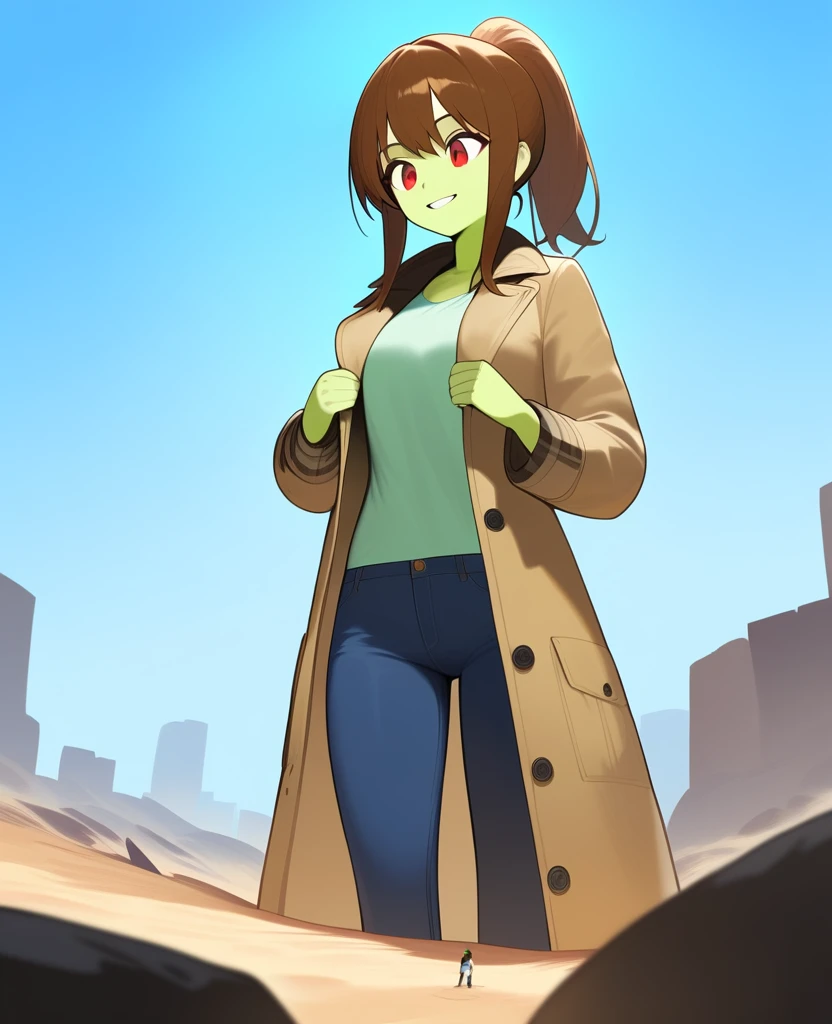 1girl,solo,red eyes,((brown hair:1.5)),ponytail,((light green skin: 1.5)), very tall, tattered coat, tan coat, jeans, flannel shirt,cowboy shot,on mars, blue and grey saturn in sky,Science fiction,ultra-detailed,sharp focus,aesthetic,(best quality) smiling, giantess, 