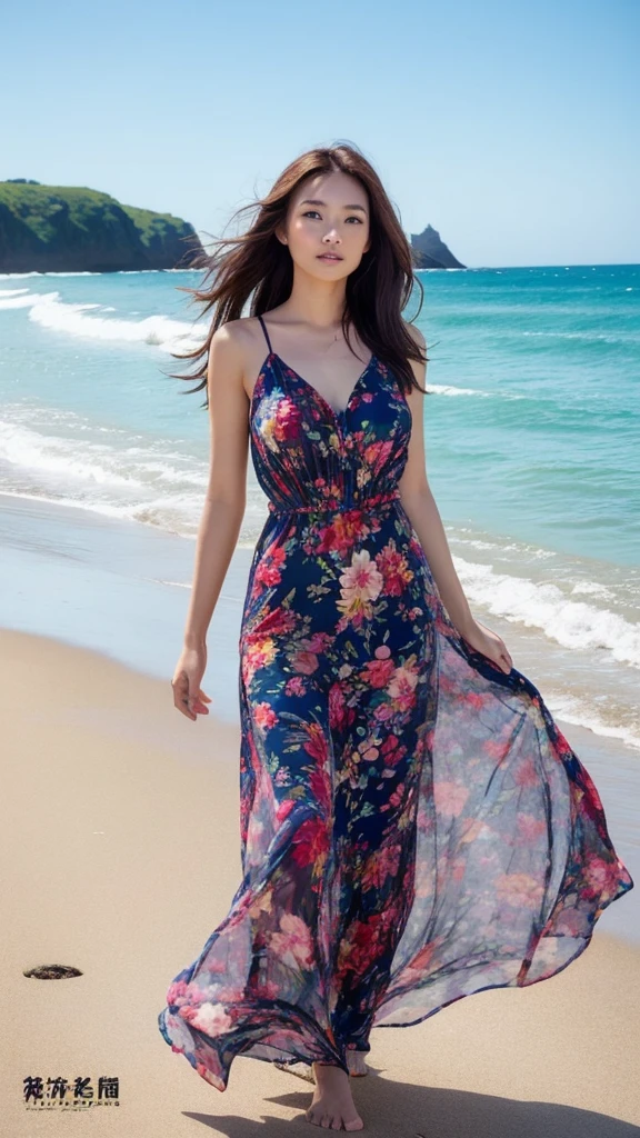 (lifelike, high resolution:1.3), close up,Chinese beauty walking on the beach,Wearing a bohemian beach dress,Fabric flutters in the wind,Full body shot,On the wide beach,The sound of waves crashing on the shore,In the distance is the blue sky and the ocean,Show a romantic attitude towards life,High-level tourist landscape portrait photography works,The picture is open and stretched,Clear focus,Won the Travel Magazine's Best Picture of the Year Award,Use natural light,Creates a warm atmosphere,Background blur,Highlight the subject,The sea breeze is gentle,The skirt flutters,Create a moving picture。
