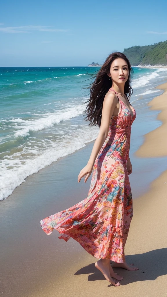(lifelike, high resolution:1.3), close up,Chinese beauty walking on the beach,Wearing a bohemian beach dress,Fabric flutters in the wind,Full body shot,On the wide beach,The sound of waves crashing on the shore,In the distance is the blue sky and the ocean,Show a romantic attitude towards life,High-level tourist landscape portrait photography works,The picture is open and stretched,Clear focus,Won the Travel Magazine's Best Picture of the Year Award,Use natural light,Creates a warm atmosphere,Background blur,Highlight the subject,The sea breeze is gentle,The skirt flutters,Create a moving picture。