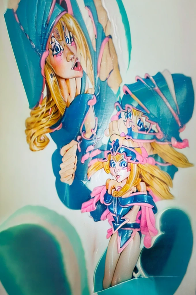 Dark magician girl she in a sexy full body pose with her little dress posing sensually looks with her full body on the.imahen with luxury of details blonde hair with big breasts and big thighs she is beautiful she is perfect from where a circle of magic pentagram