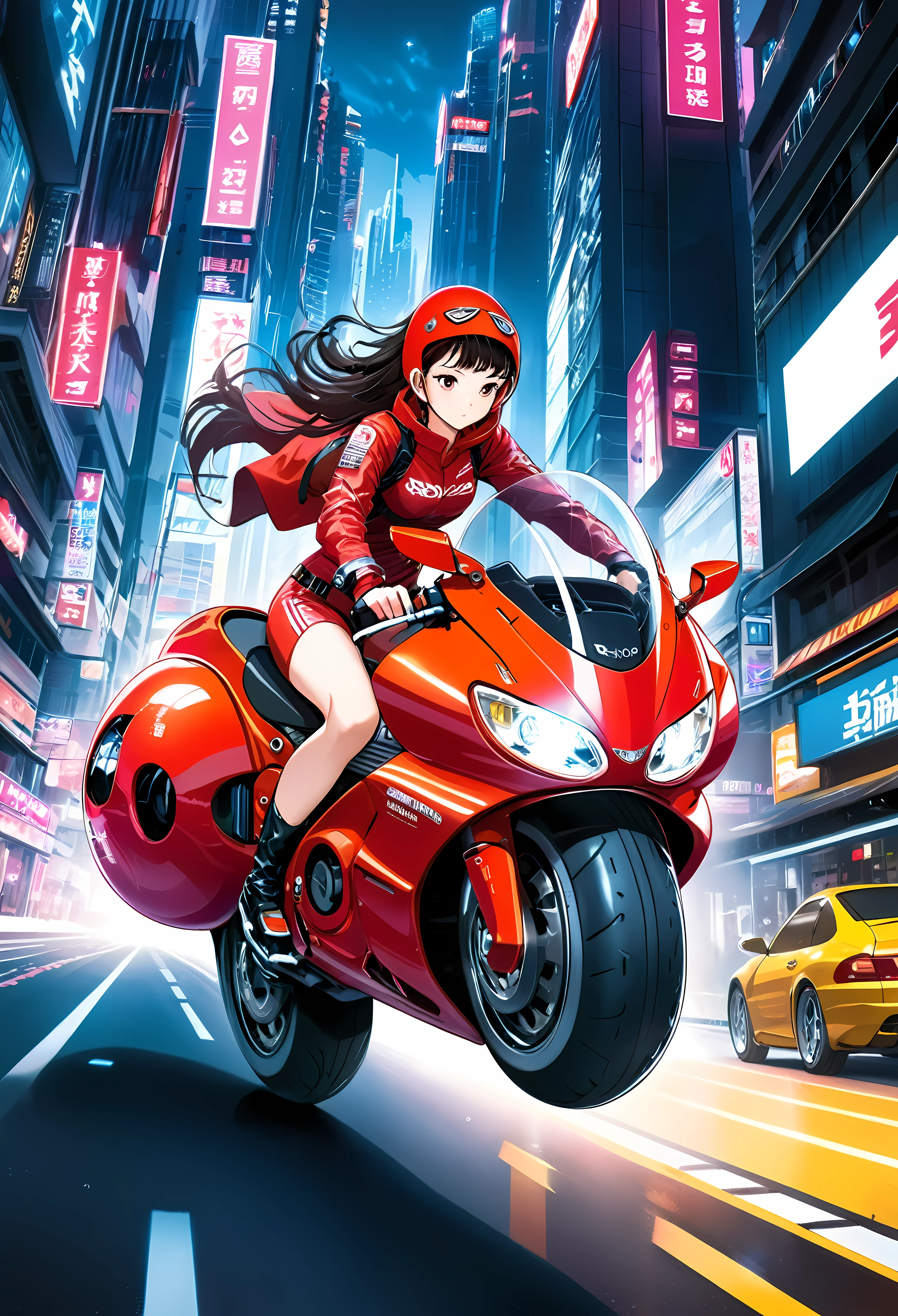 Create a detailed image of a futuristic motorcycle inspired by the iconic bike from the classic Akira manga/anime. The motorcycle should have a sleek, aerodynamic design with a low-slung, elongated body. It should feature a vibrant red color with a glossy finish. The front should have a curved, bubble-shaped windshield, integrated into the bike’s streamlined form. The wheels should be large and chunky, with a futuristic, almost hover-like quality. The front wheel is partially covered by an angular fender, while the rear wheel is exposed, showcasing intricate suspension and mechanical details. The bike should have detailed decals, including logos and futuristic text. The seat should be contoured for a single rider, blending seamlessly into the bike's body. The handlebars should be minimalistic, with advanced digital controls and displays integrated into the design. The background should be a neon-lit cityscape at night, with tall skyscrapers and futuristic elements, evoking a cyberpunk atmosphere. ((Pretty Female bike rider with futuristic neon clothing):1.2). | ((perfect_composition, perfect_design, perfect_layout, perfect_detail, ultra_detailed)), ((enhance_all, fix_everything)), More Detail, Enhance.
