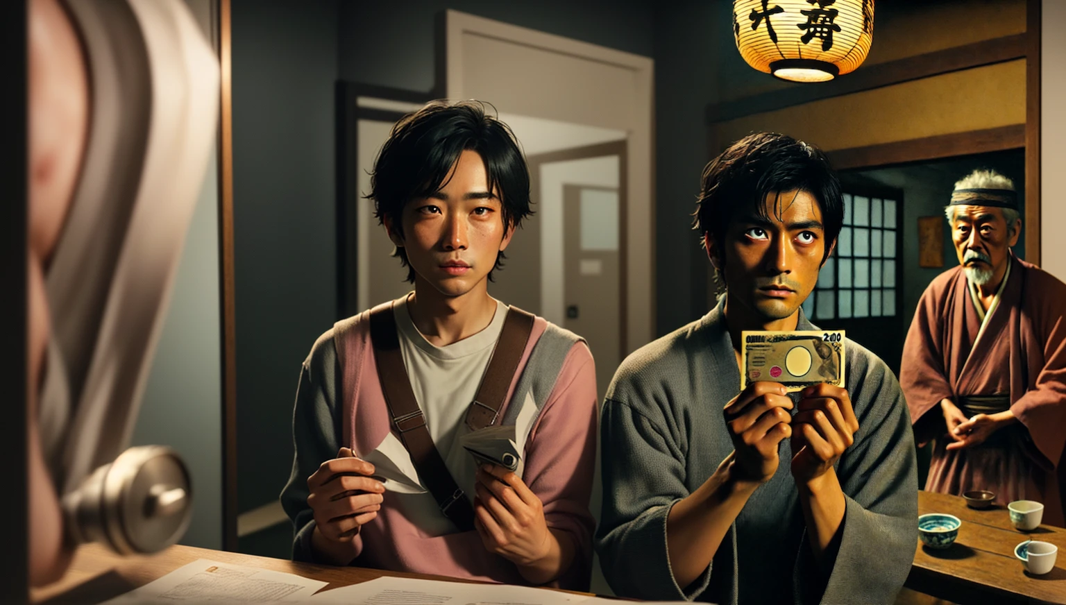 There is a man holding a camera in front of a mirror, Live-action movie stills, A scene from a live-action movie, Japanese live-action films, actor, Movie promotional images, junji ito and horiyoshi iii, Anime still film Anime colored paper, 4K masterpieces, 4k masterpiece, Katsuhiro and Inio Asano, Masami Suda